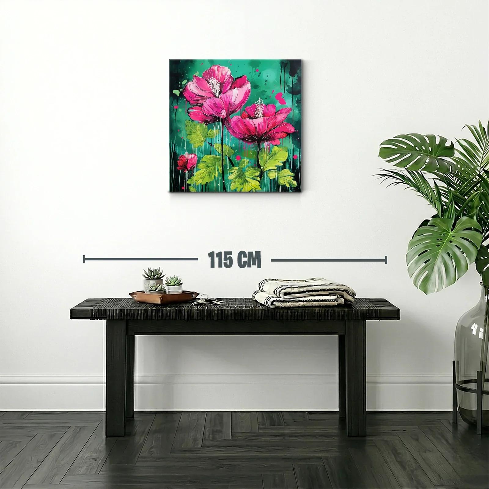 Cuadro vibrante con flores fucsias sobre fondo verde intenso — miniatura 2