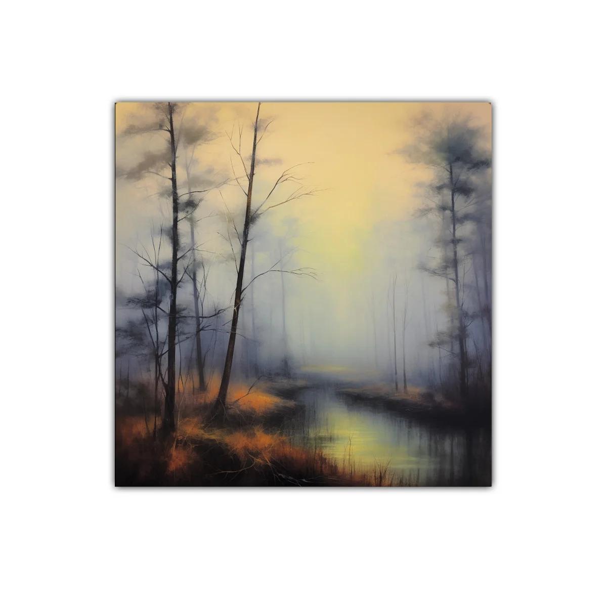 Paisaje brumoso con árboles y río reflejando luz tenue — imagen principal