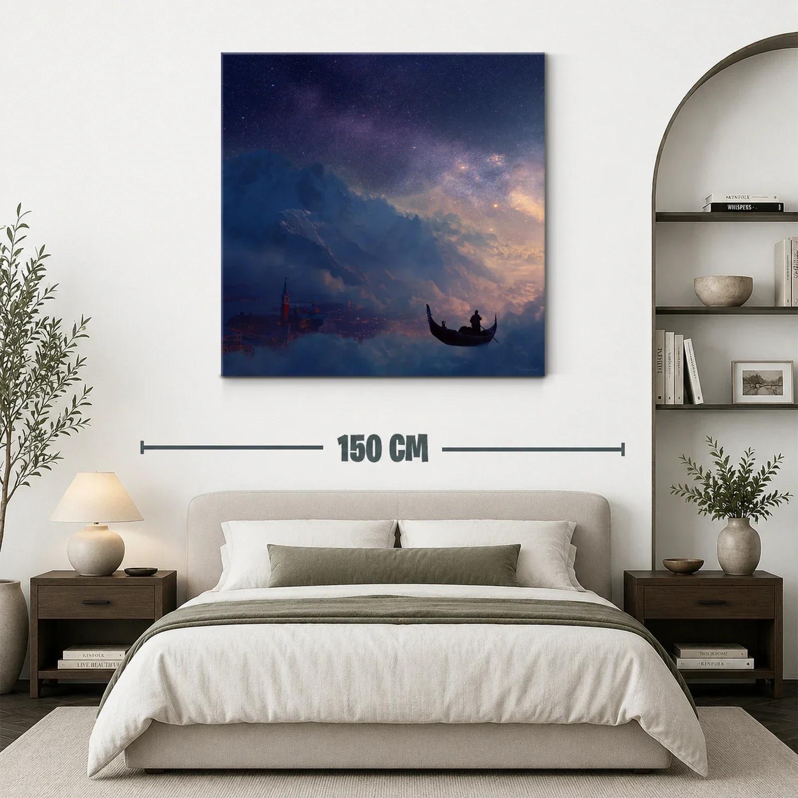 Paisaje nocturno con góndola flotante y cielo estrellado — miniatura 3