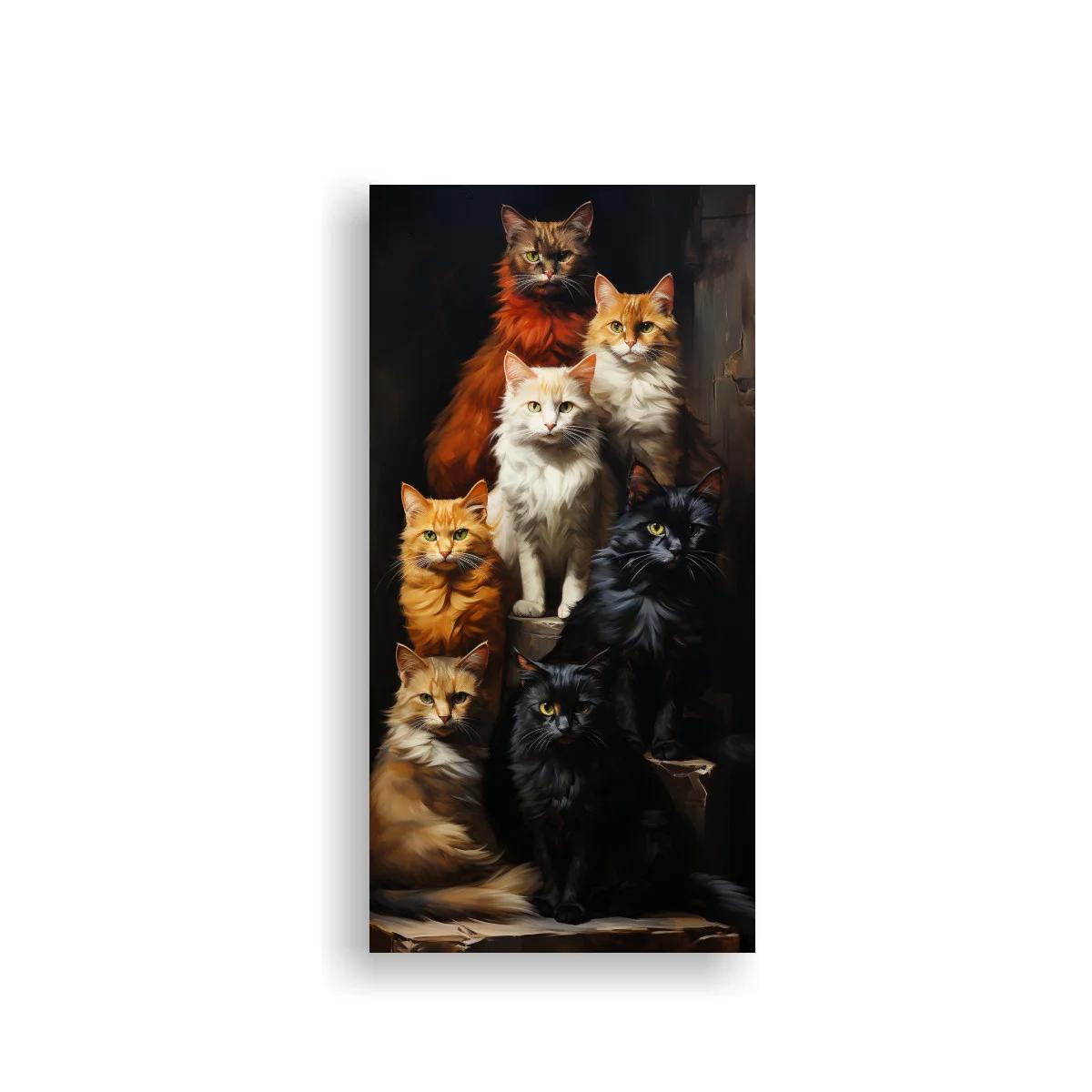 Cuadro grupo de gatos domésticos sobre fondo oscuro