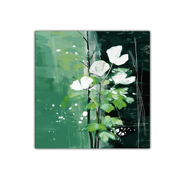 Flores blancas sobre fondo verde con toques abstractos