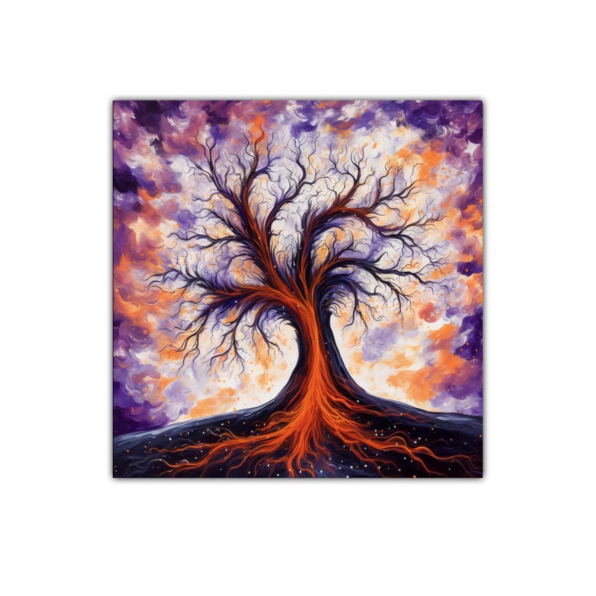 Árbol de fuego entre nubes vibrantes y energía intensa