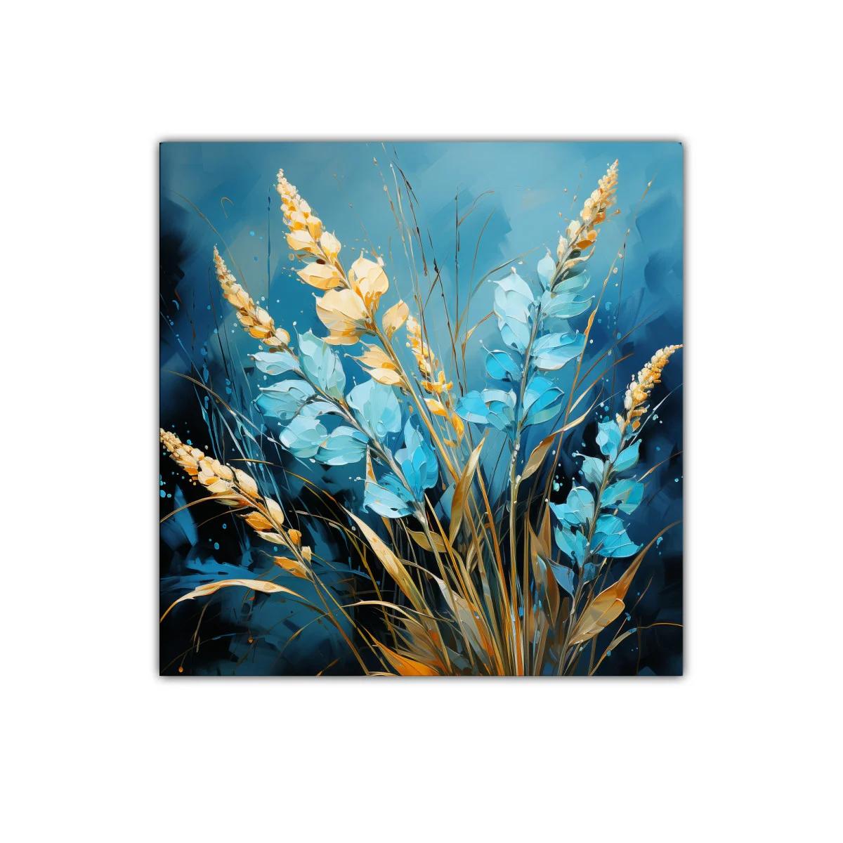 Ramo de flores azules y doradas en fondo profundo — imagen principal