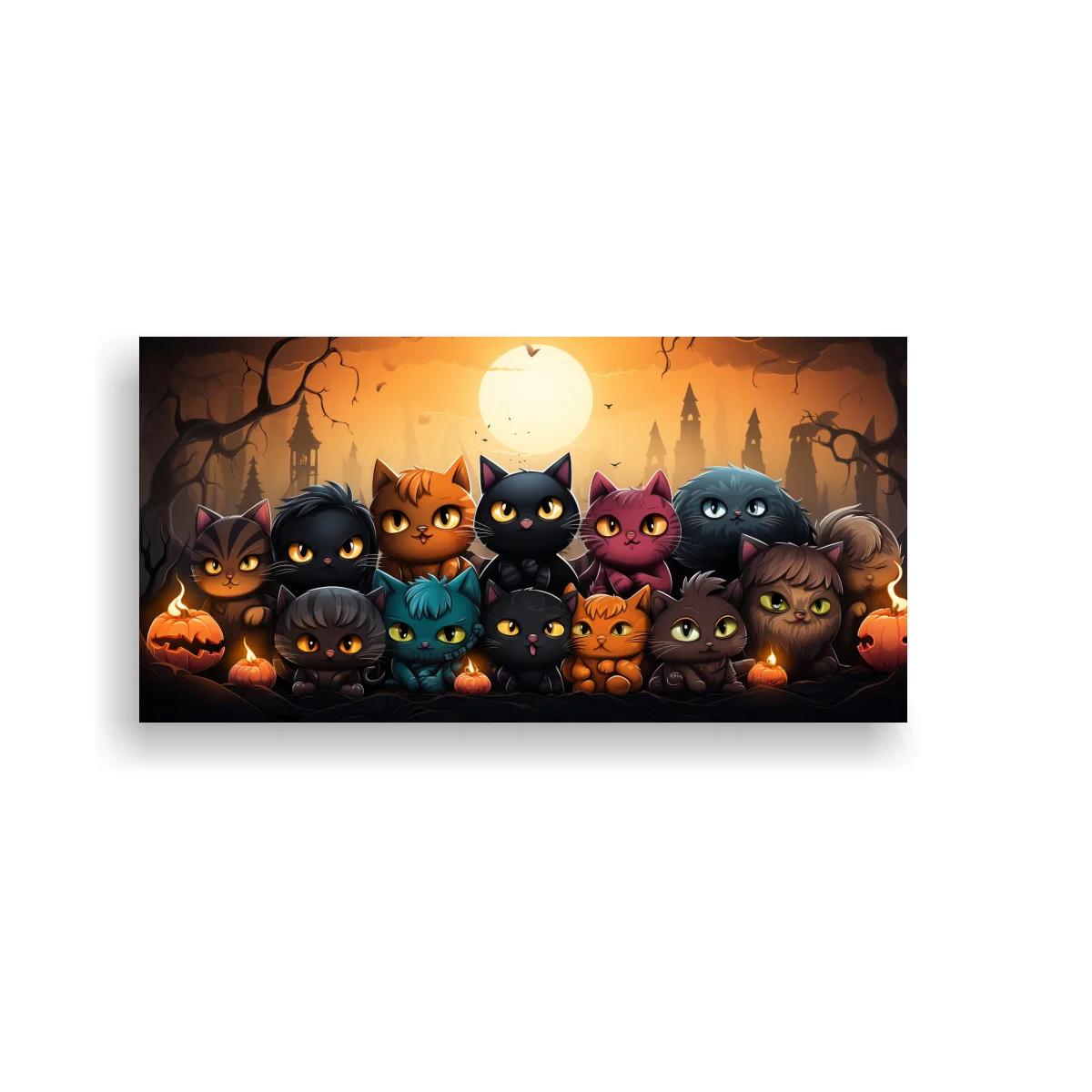 Cuadro grupo de gatos de Halloween con luna luminosa