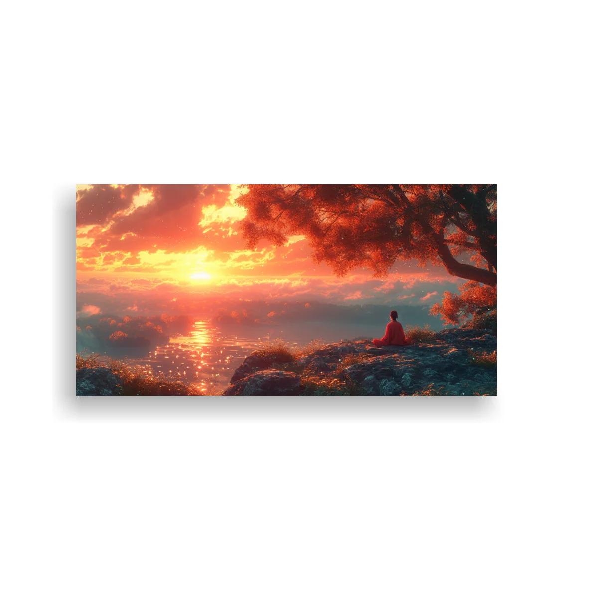 Cuadro atardecer sobre el mar con silueta bajo el árbol
