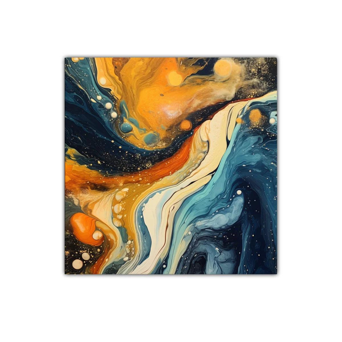 Cuadro abstracto con tonos cálidos y fríos en movimiento dinámico — imagen principal