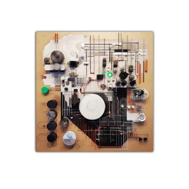 Cuadro abstracto con formas geométricas y texturas variadas