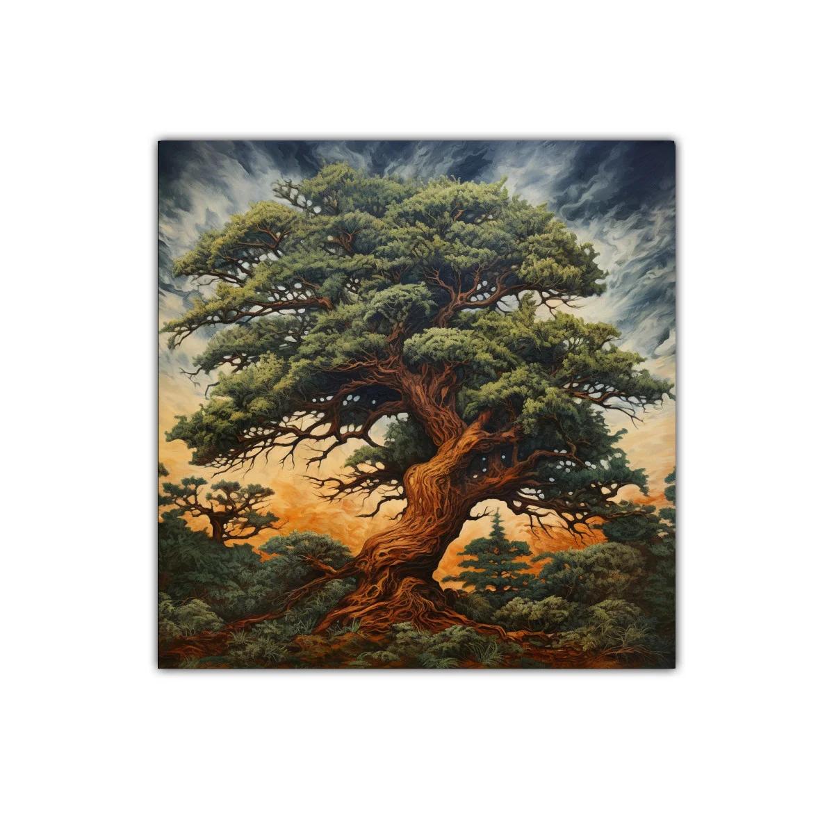 Imponente árbol antiguo en paisaje al atardecer