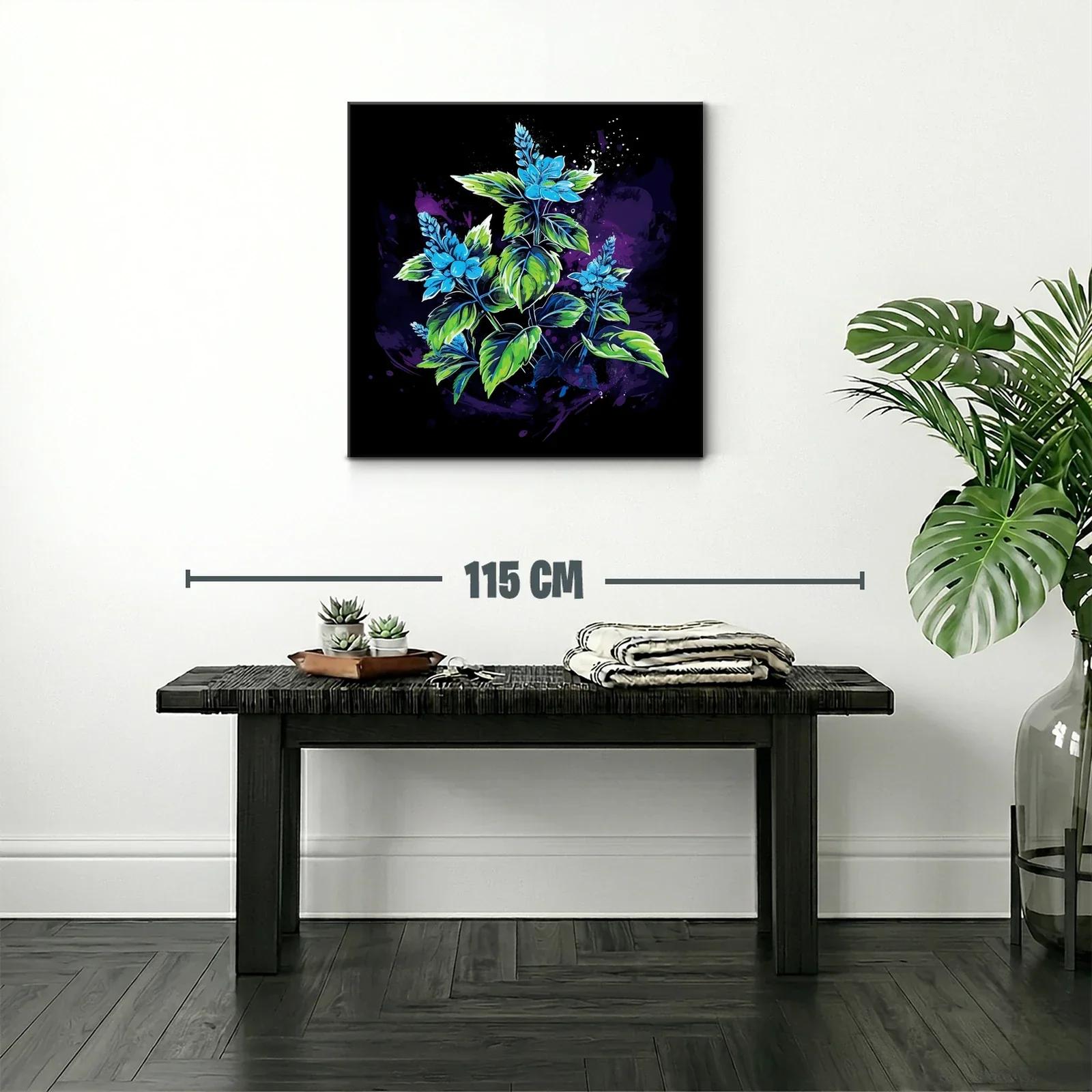 Cuadro con flores azules y hojas verdes sobre fondo oscuro — miniatura 2
