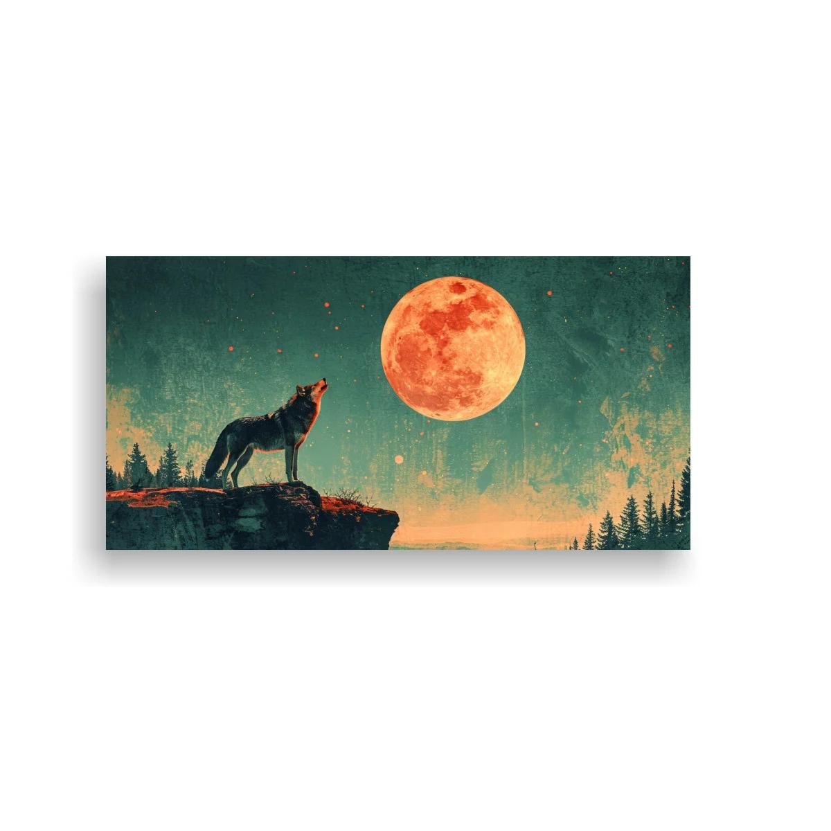 Cuadro lobo aullando a la luna llena con bosque nocturno