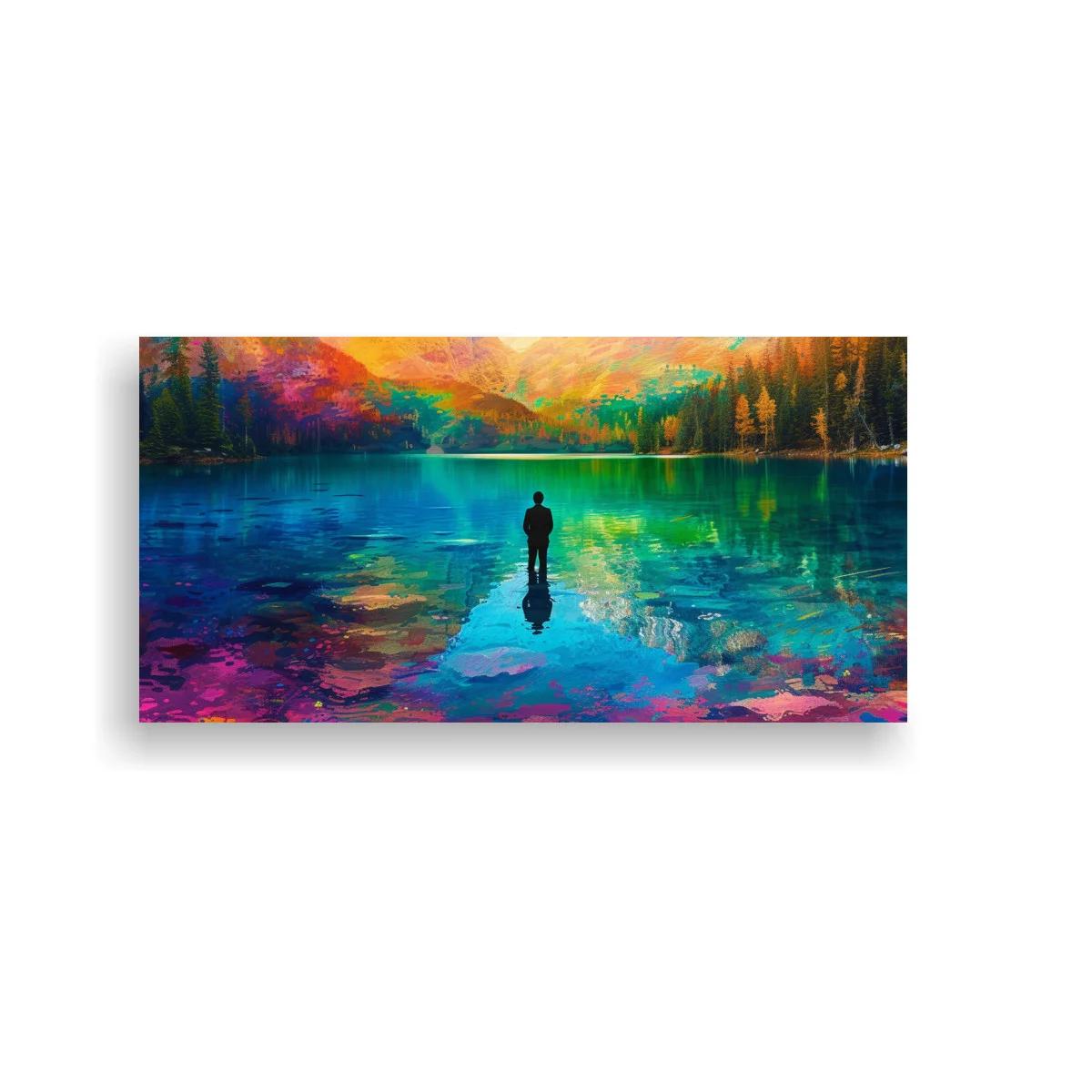 Cuadro figura solitaria junto a un lago con reflejos dorados