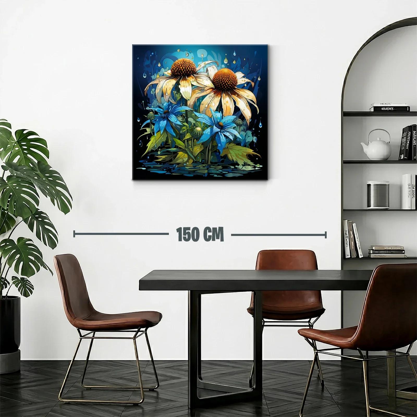 Flores vibrantes con gotas sobre fondo azul oscuro — miniatura 2