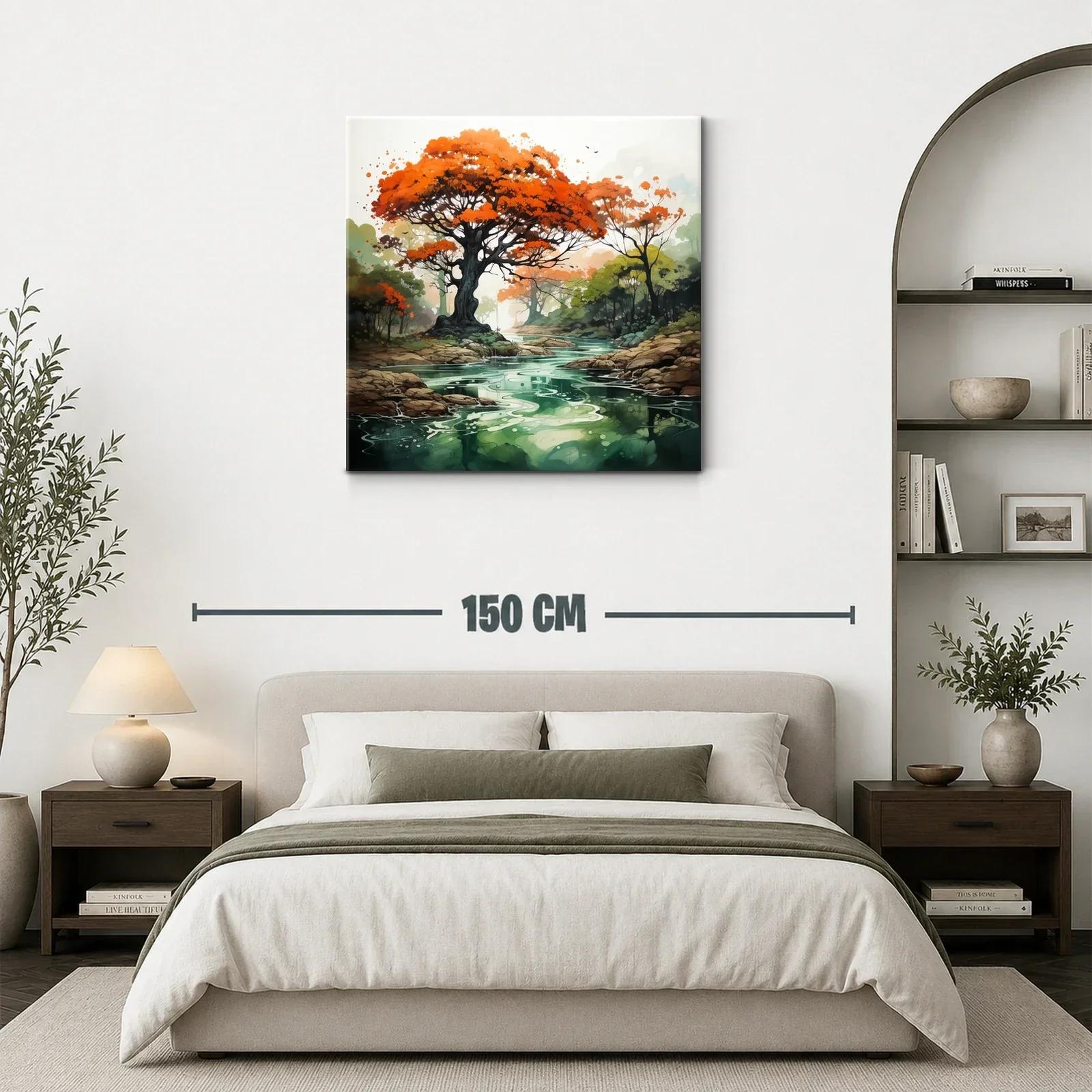 Árbol con follaje rojo sobre río sereno en paisaje natural — miniatura 3