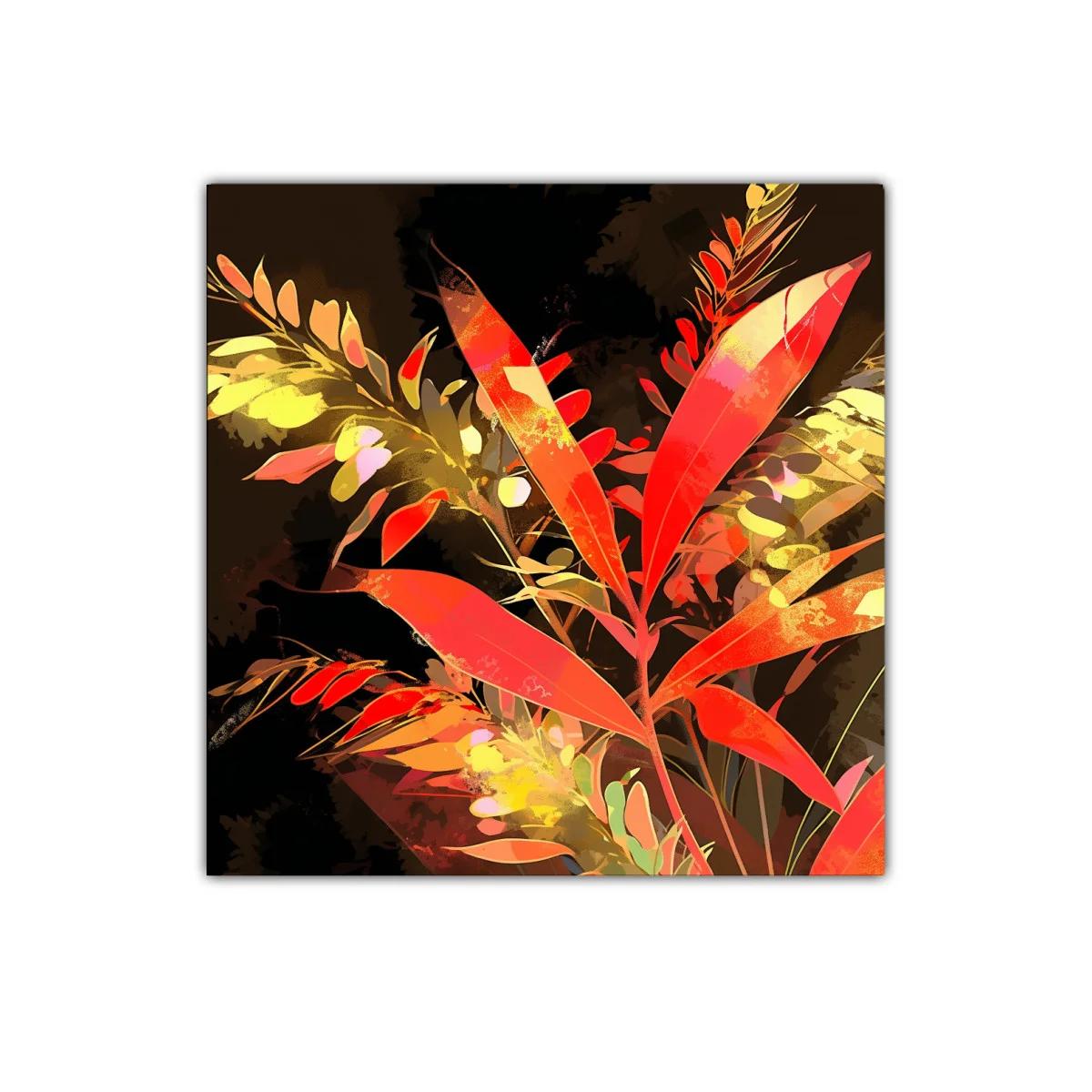 Composición floral vibrante con hojas en tonos rojos y amarillos