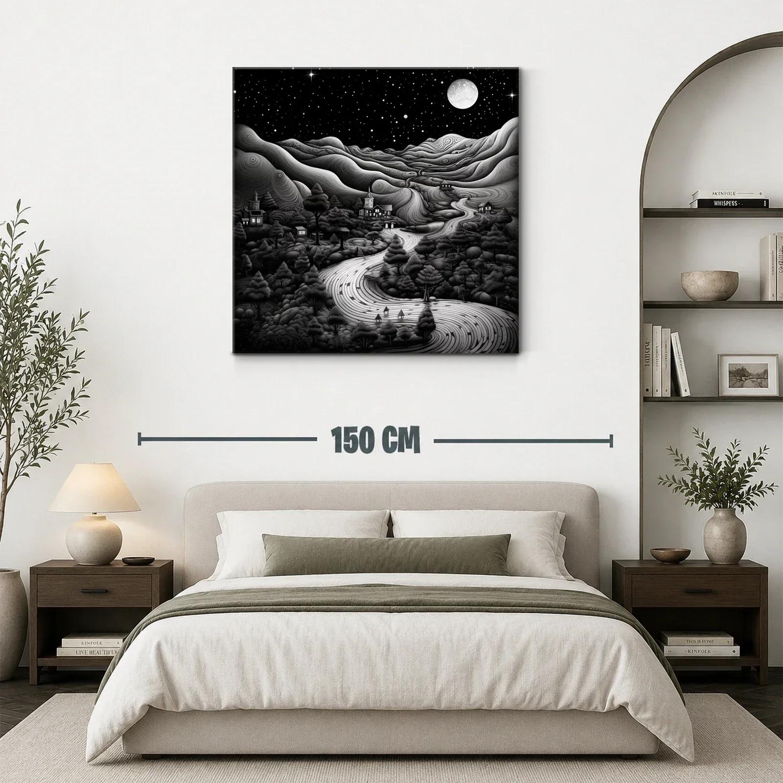 Paisaje nocturno con río serpenteante y luna llena brillante — miniatura 3