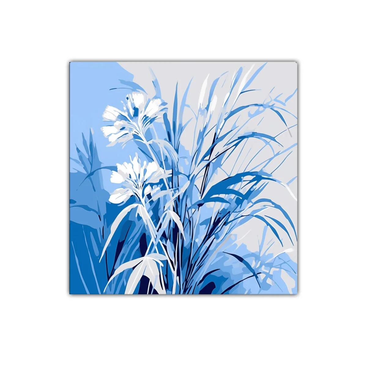 Cuadro decorativo flores y hojas en tonos azules suaves