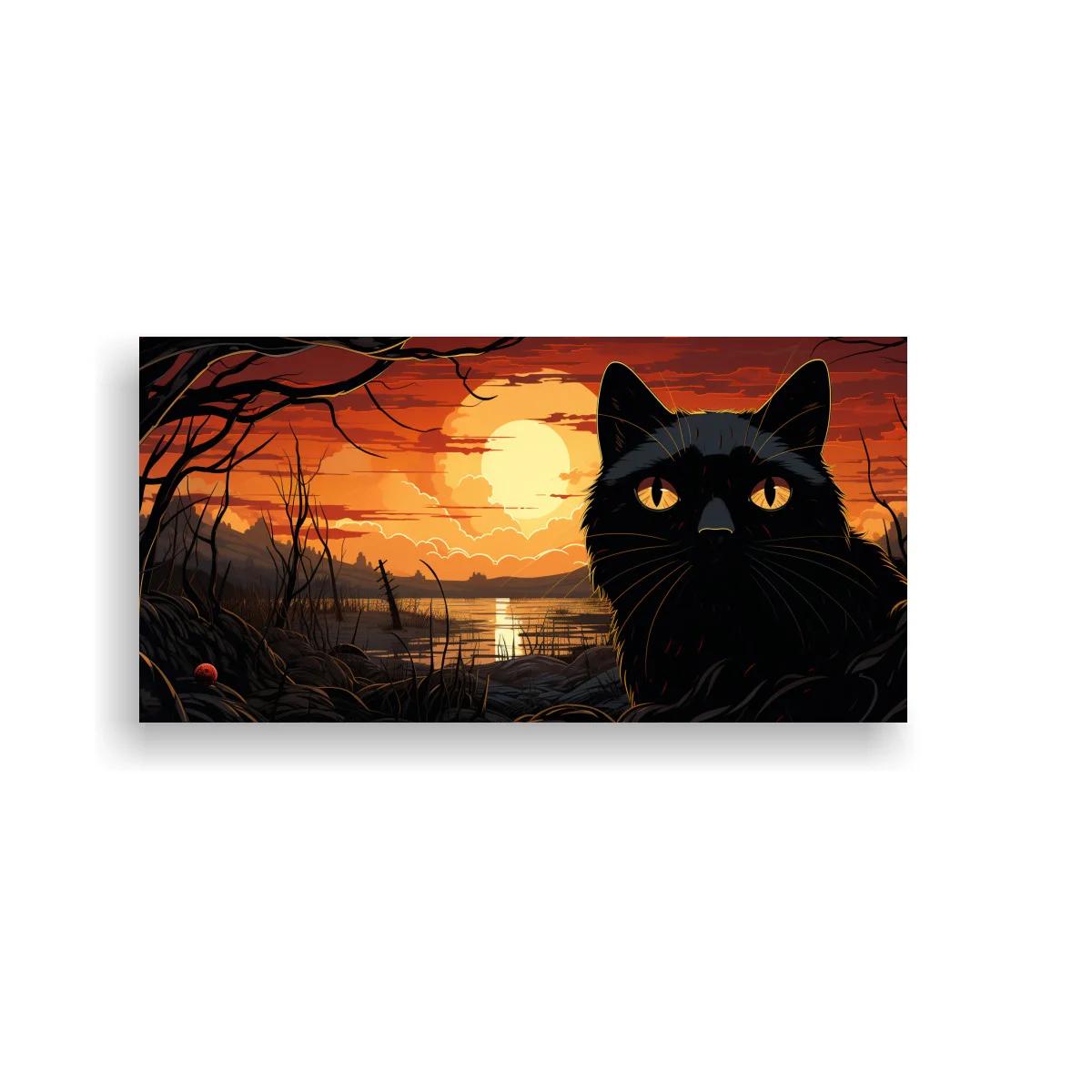 Cuadro gato negro junto al agua al atardecer