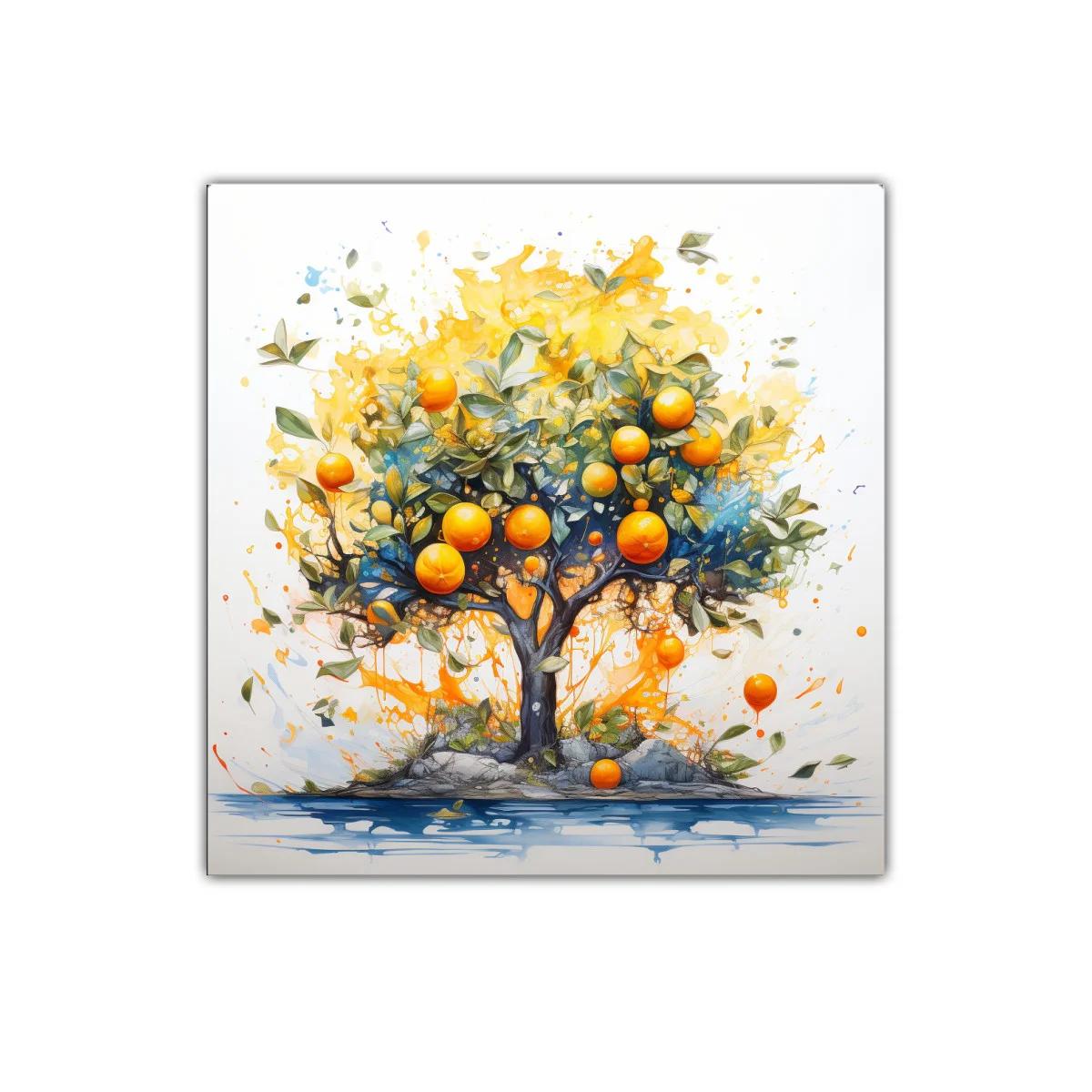 Árbol de naranjas vibrantes con fondo luminoso y acuarelas — imagen principal