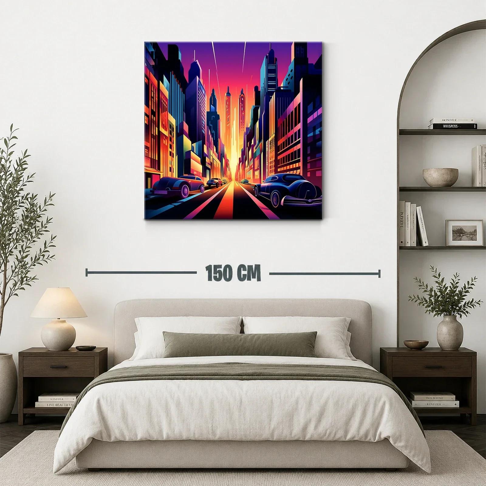 Atardecer vibrante en ciudad futurista con coches clásicos — miniatura 3