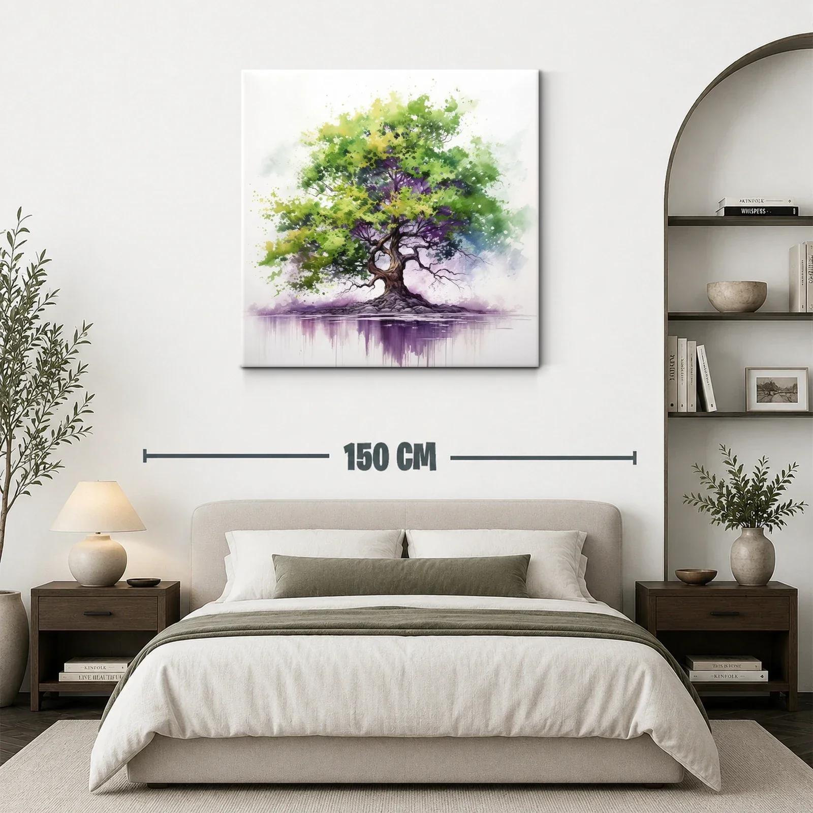 Árbol vibrante con tonos verdes y morados sobre reflejo acuático — miniatura 3