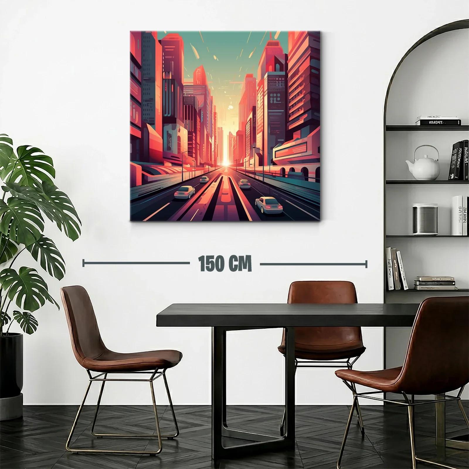 Ciudad futurista al atardecer con tonos cálidos y vibrantes — miniatura 2