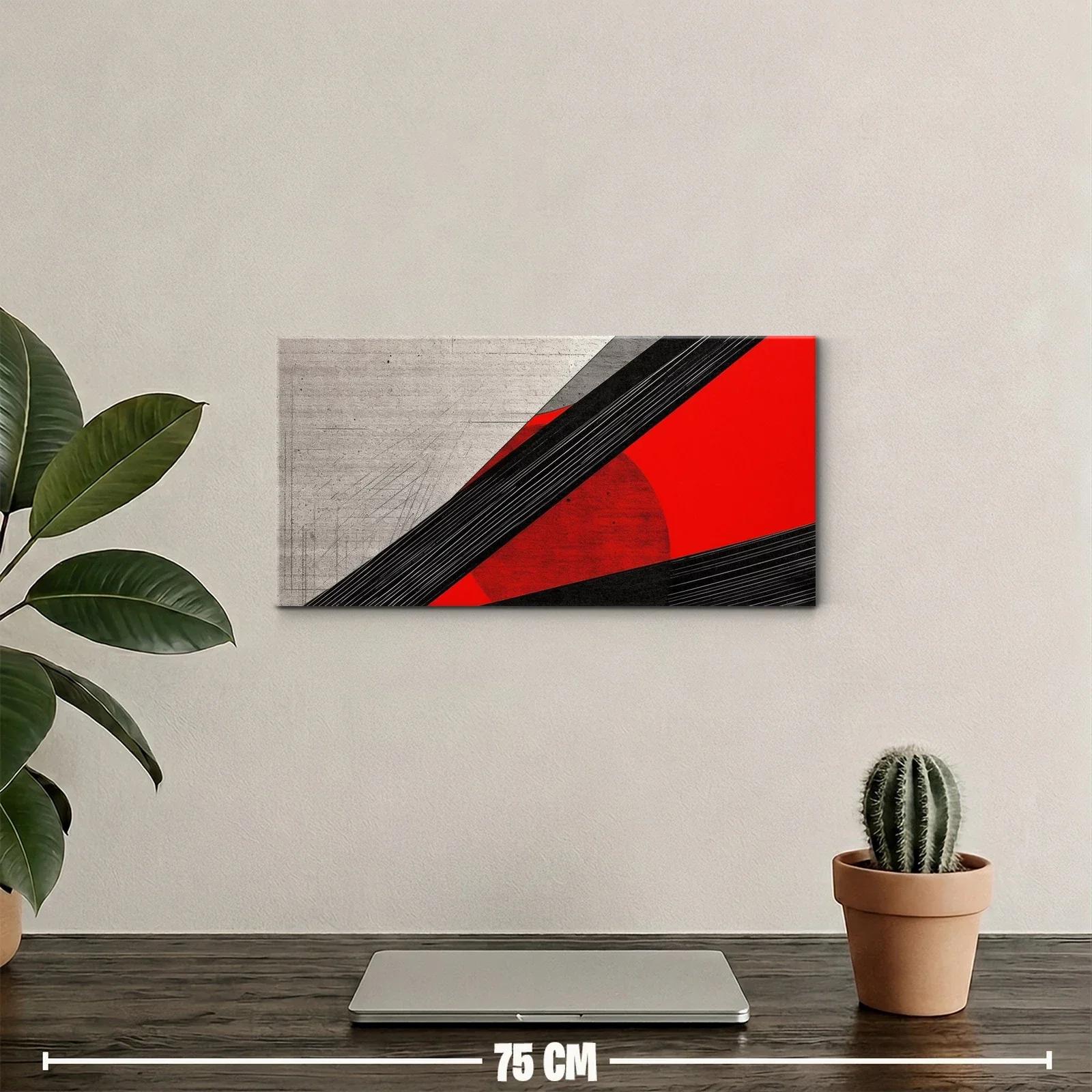 Cuadro abstracto con semicírculo rojo y diagonales negras — miniatura 2
