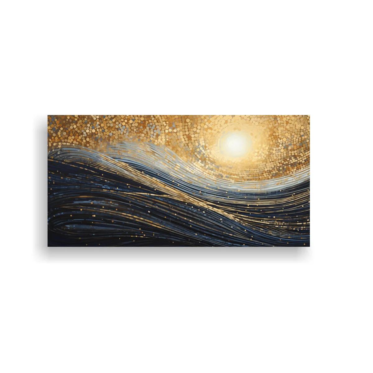 Cuadro sol sobre olas abstractas con líneas doradas