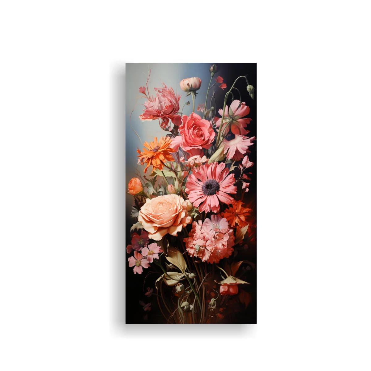 Cuadro ramo de flores rosadas y coral con fondo oscuro — imagen principal