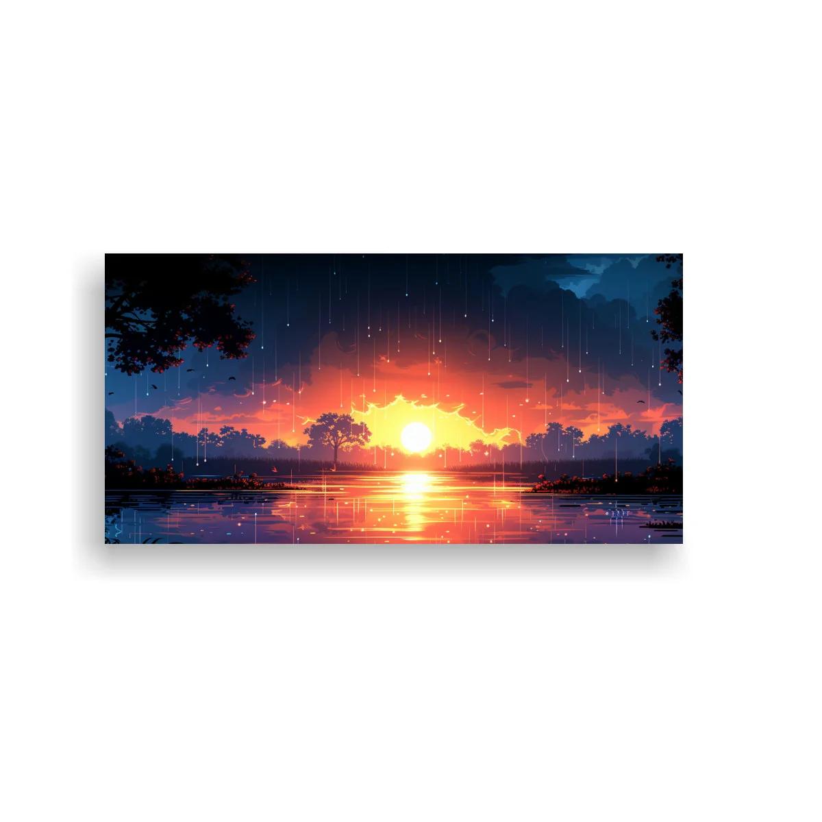 Cuadro atardecer sobre un lago con reflejo brillante