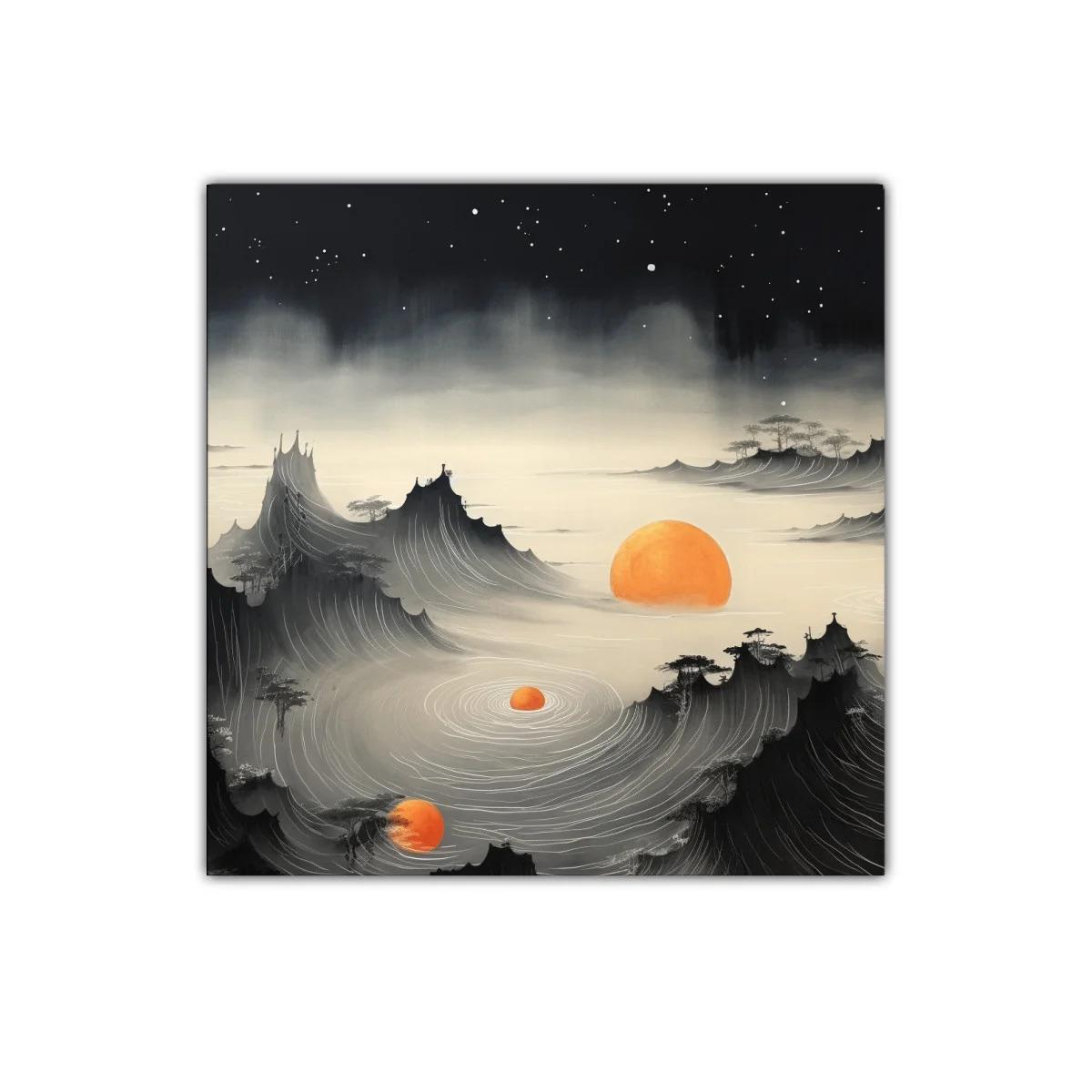 Paisaje onírico con montañas y soles naranjas brillantes