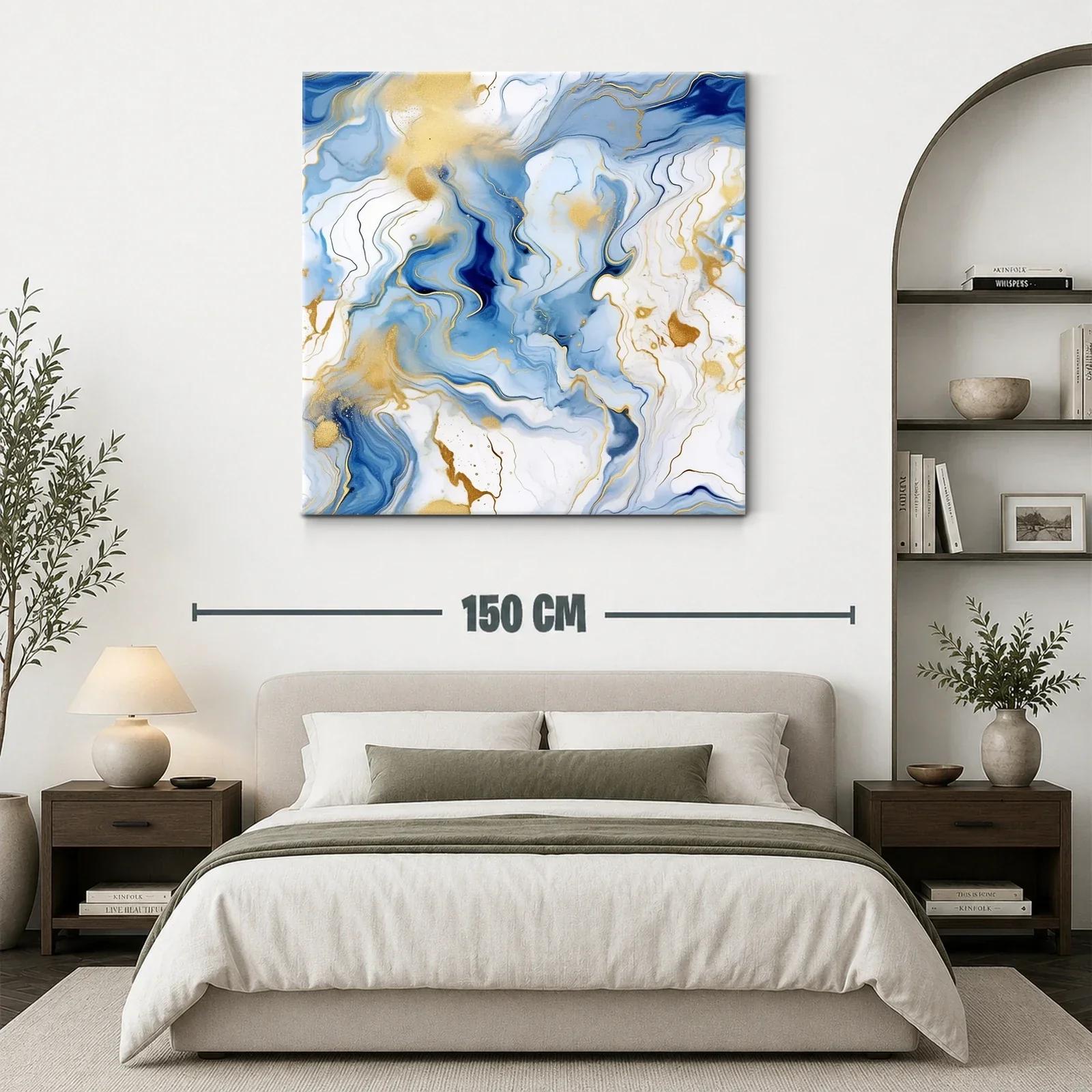 Cuadro abstracto con tonos azules y detalles dorados — miniatura 3