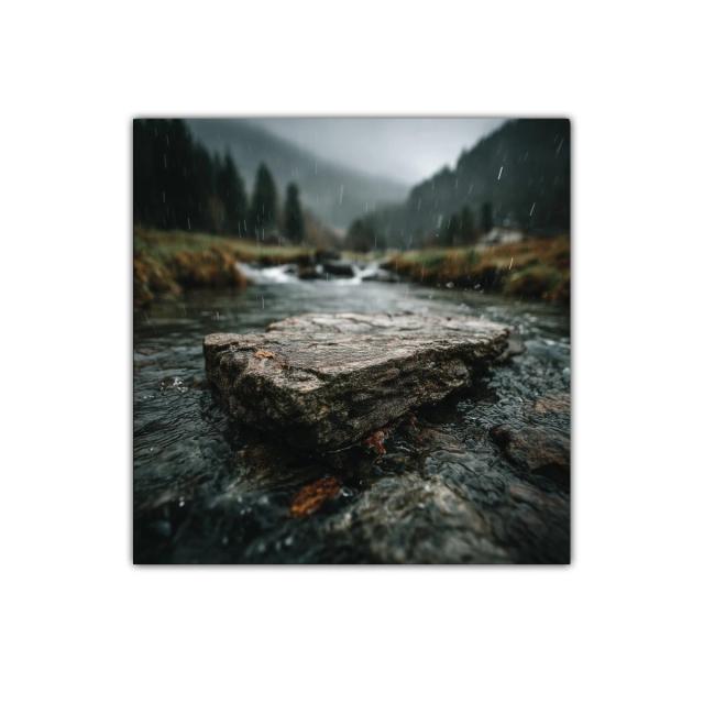 Paisaje natural con río y lluvia en tonos verdes y grises