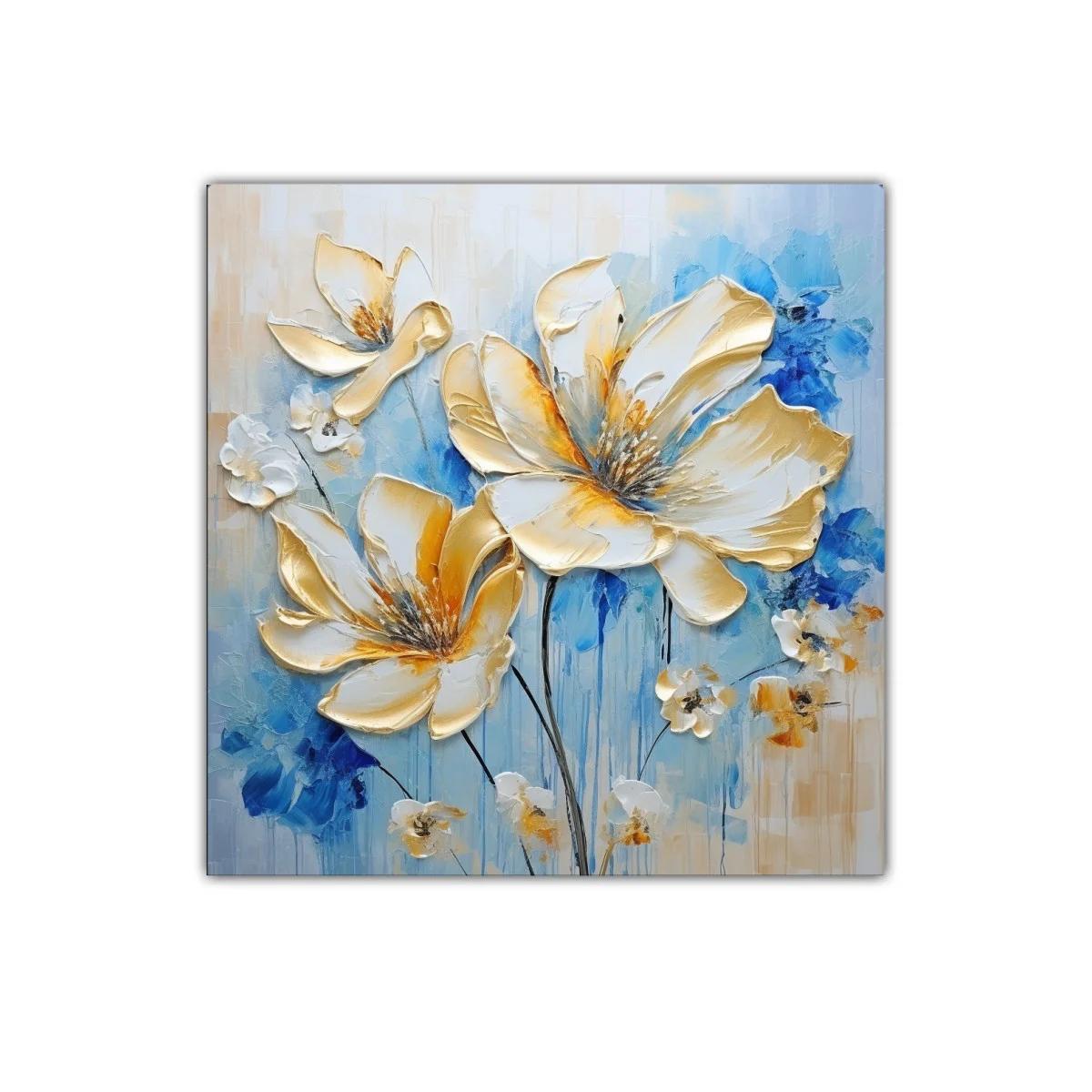 Flores en tonos dorados con fondo azul vibrante — imagen principal