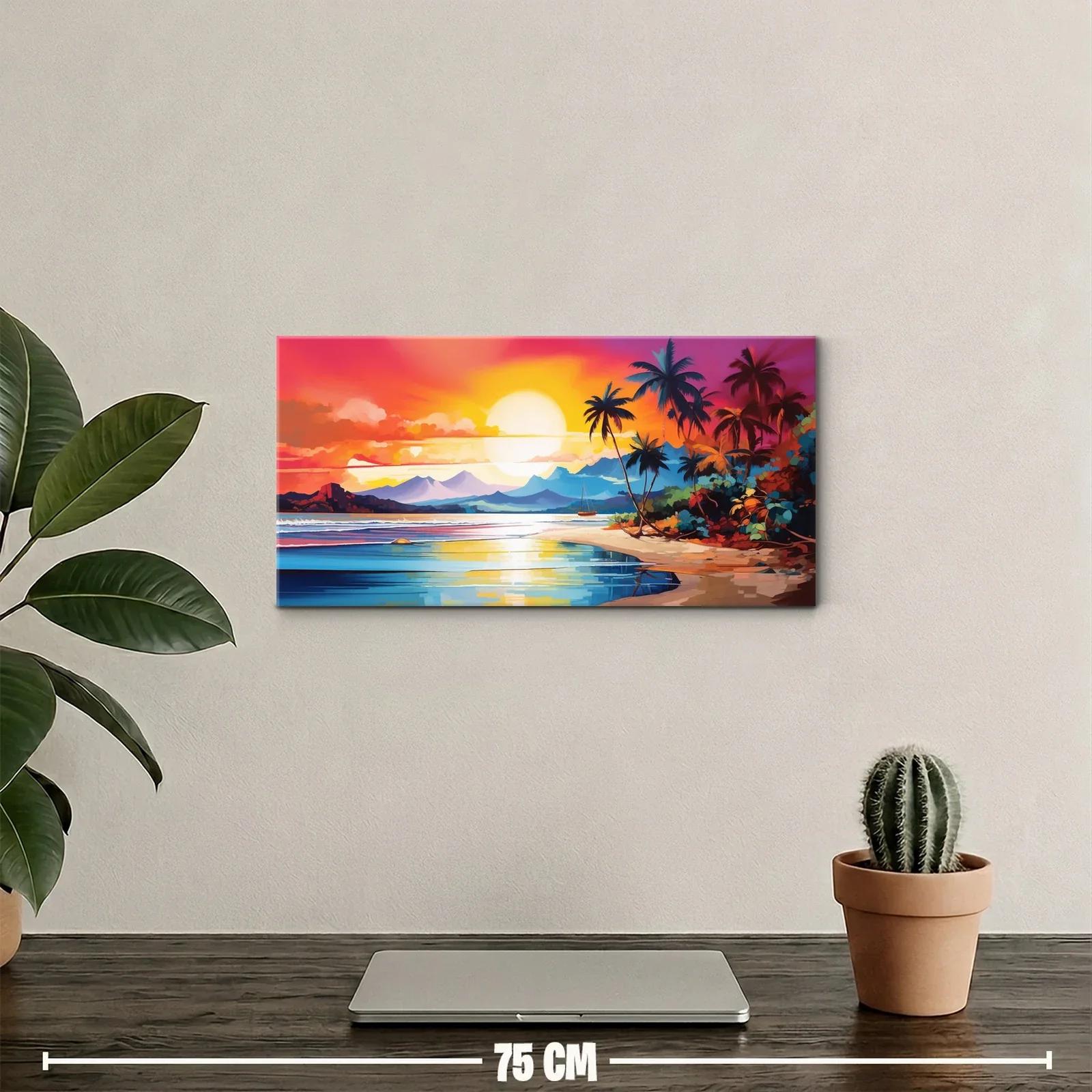 Cuadro playa tropical al atardecer con palmeras en un lateral — miniatura 2