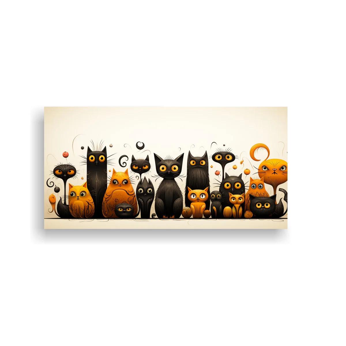 Cuadro grupo de gatos negros y naranjas con luna creciente
