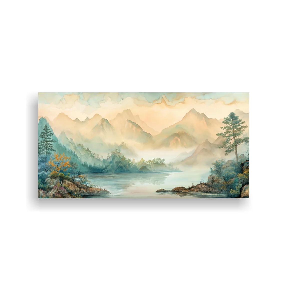 Cuadro lago de montaña con cordillera neblinosa