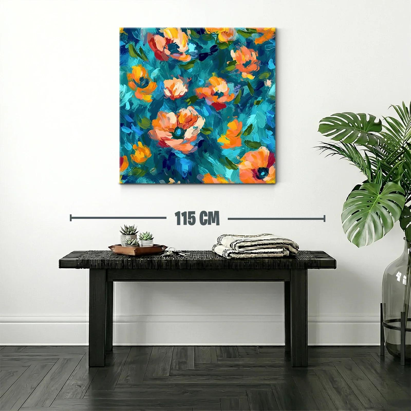 Cuadro con flores vibrantes en tonos azules y naranjas — miniatura 2