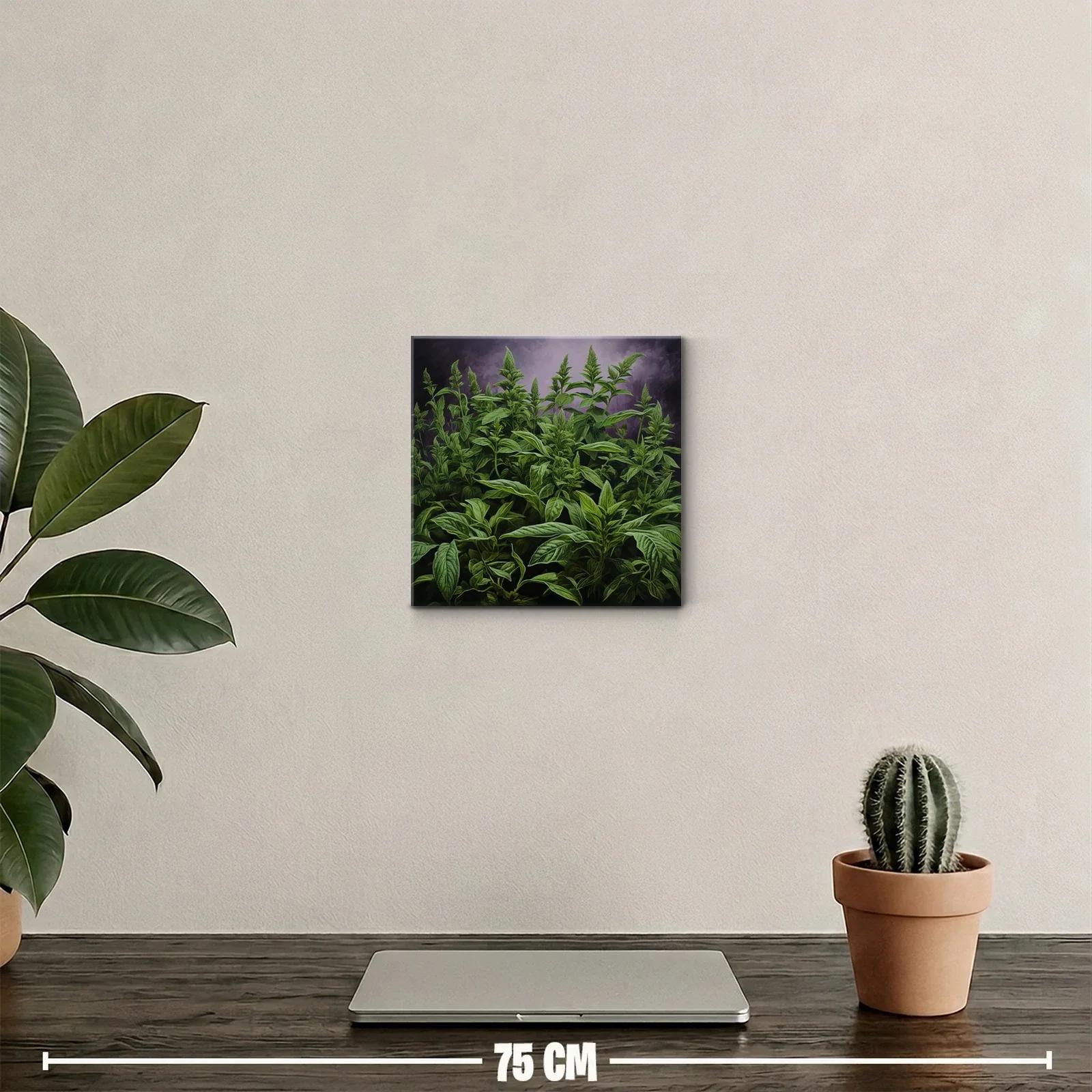 Cuadro decorativo de hojas verdes con fondo púrpura — miniatura 2