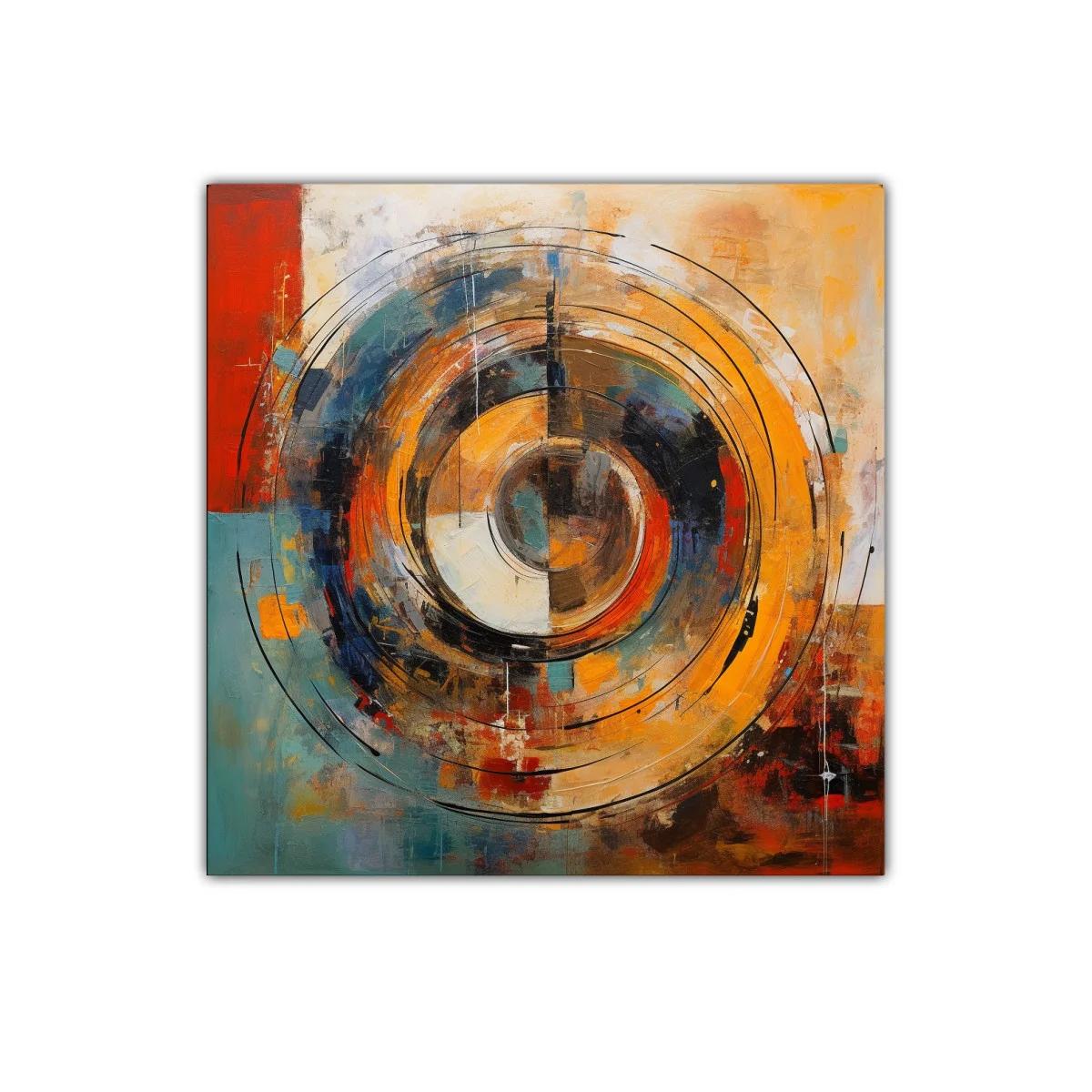 Cuadro abstracto con círculos concéntricos en tonos cálidos y fríos