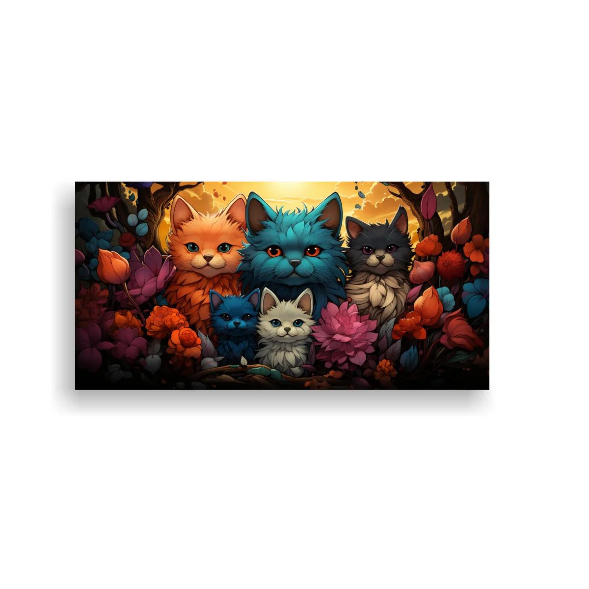 Cuadro grupo de gatos entre flores densas — imagen principal