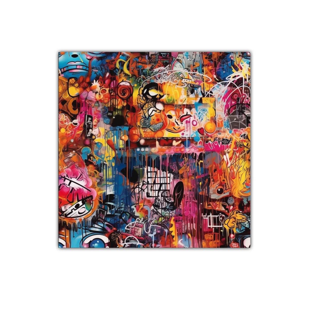Cuadro de arte urbano con colores vibrantes y formas abstractas