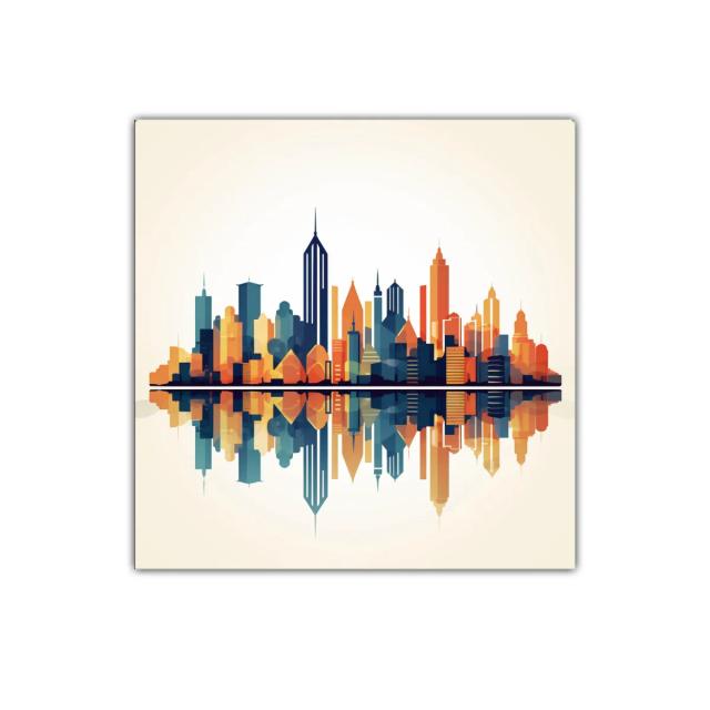 Ciudad moderna reflejada con colores cálidos y fríos