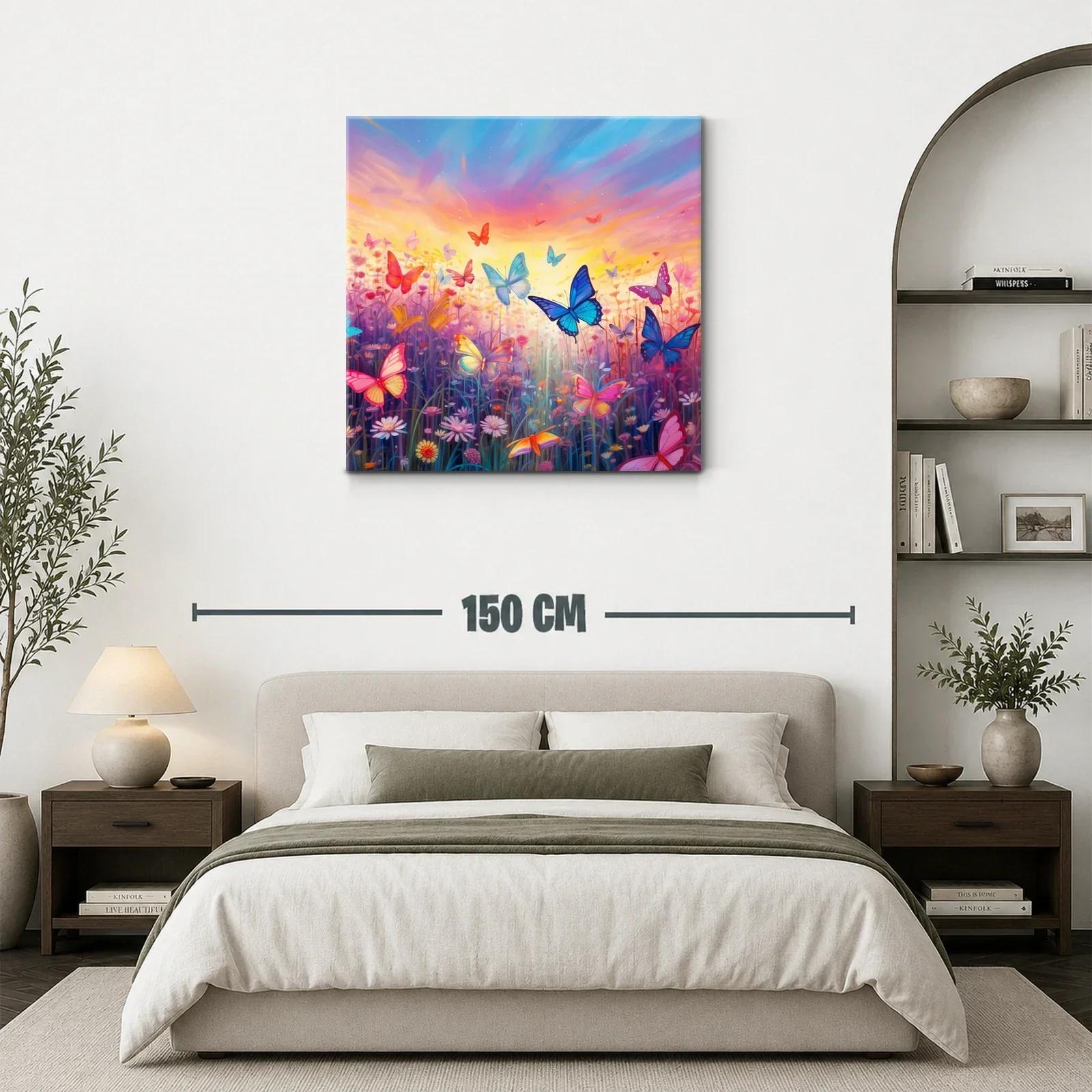 Mariposas en vuelo sobre campo de flores al amanecer — miniatura 3