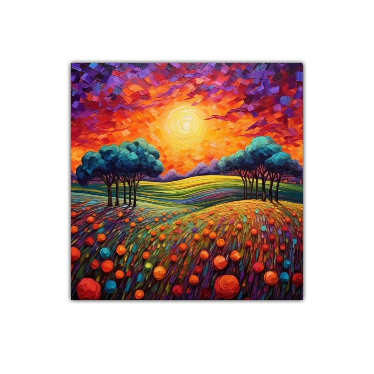 Paisaje vibrante con atardecer y campo florido — imagen principal