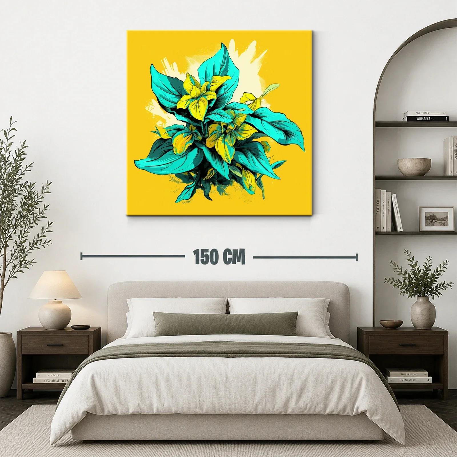 Composición Vibrante con Flores y Hojas en Amarillo y Turquesa — miniatura 3