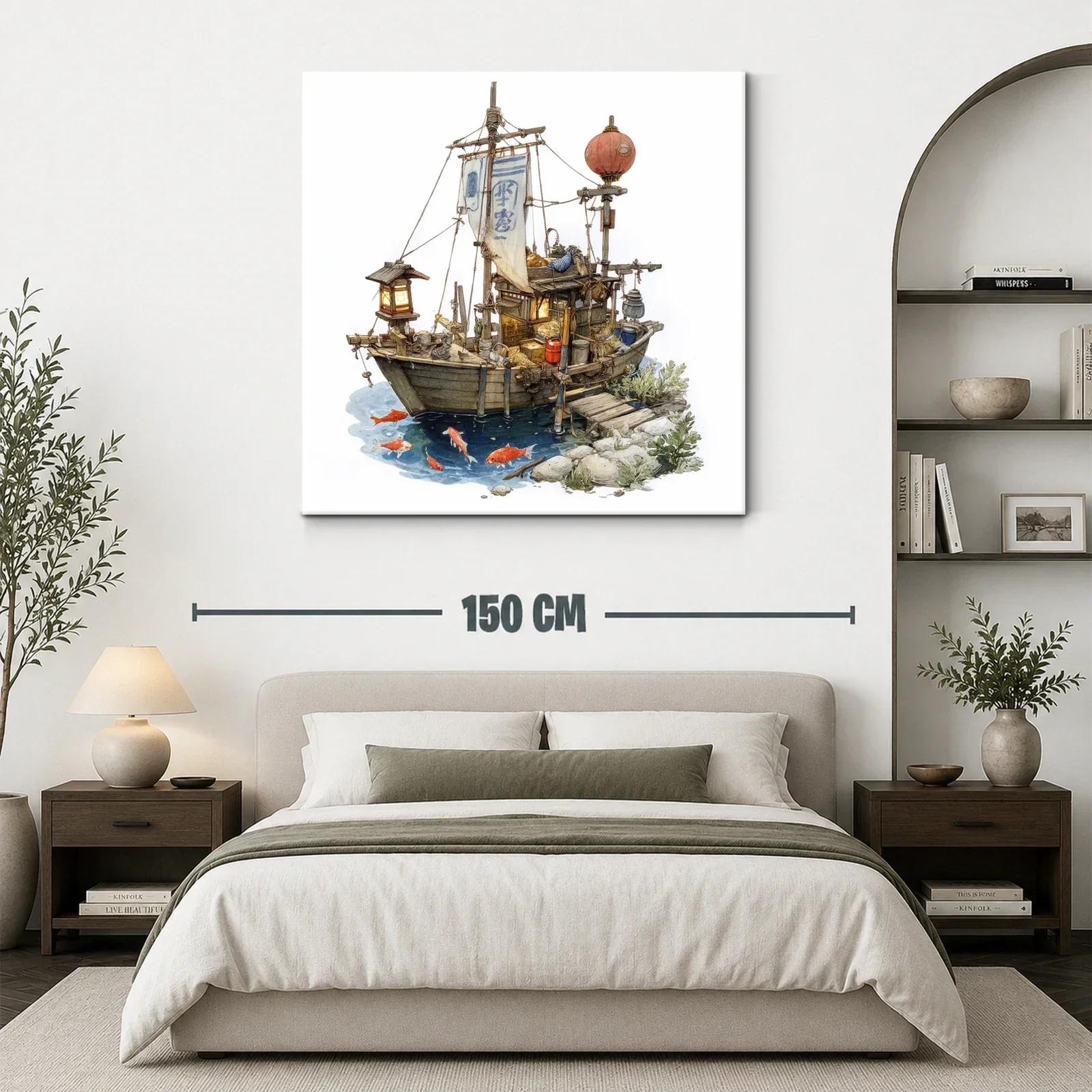 Barco tradicional con linternas y peces en agua tranquila — miniatura 3