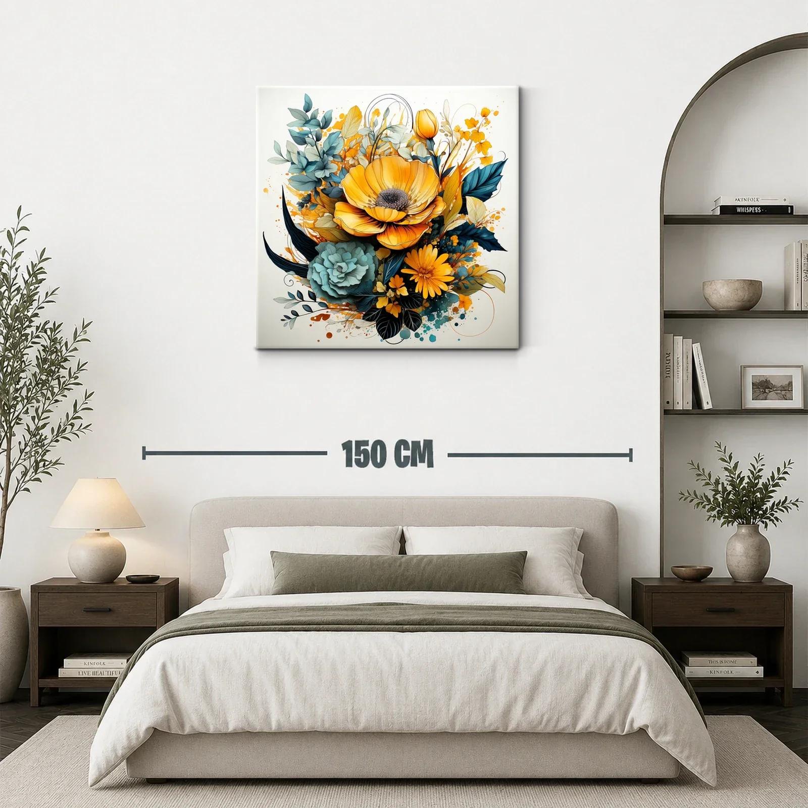 Cuadro floral vibrante con tonos amarillos y verdes azules — miniatura 3