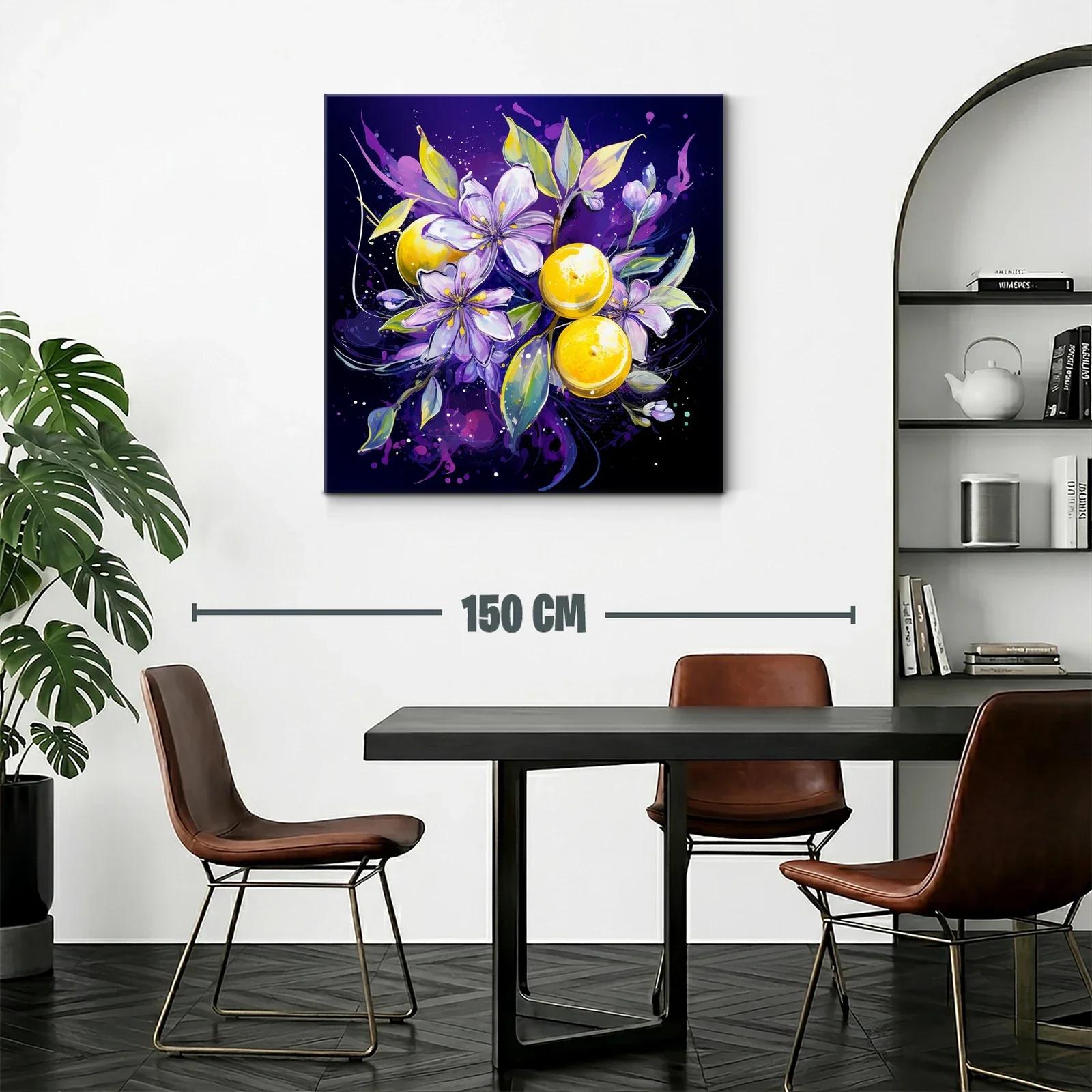 Composición vibrante con flores lilas y frutas amarillas — miniatura 2