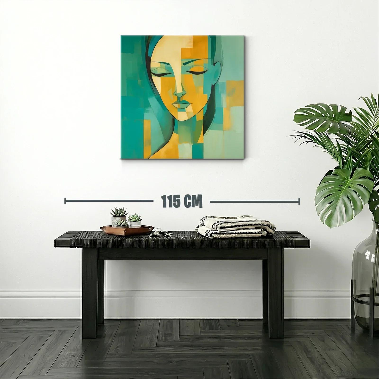 Cuadro abstracto rostro femenino en tonos verdes y amarillos — miniatura 2
