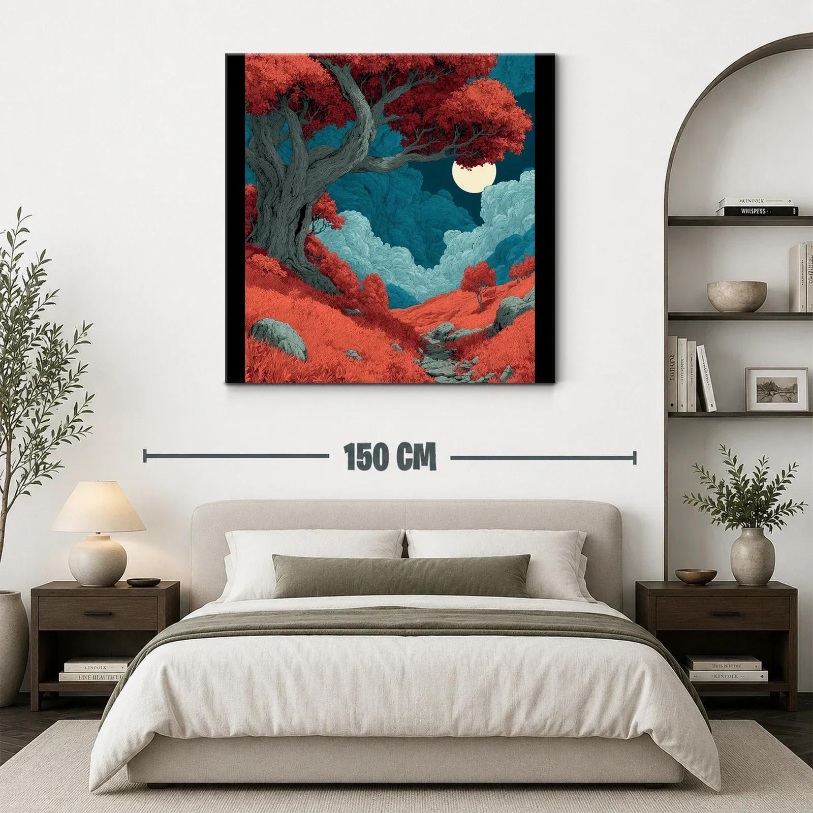 Paisaje mágico con árbol rojo y luna llena brillante — miniatura 3